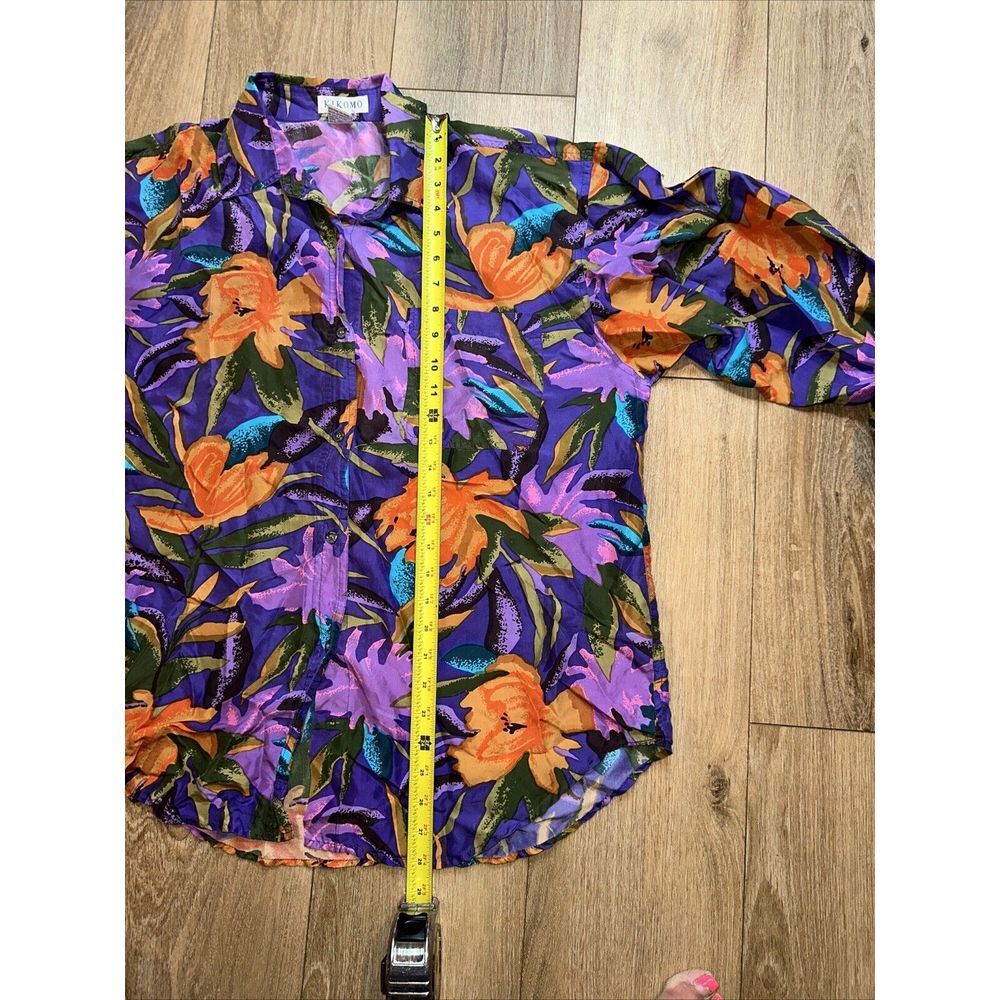 Kikomo Women's 100% Silk Floral‎ Long Sleeve Purple Floral Button Shirt Large - Picture 7 of 7